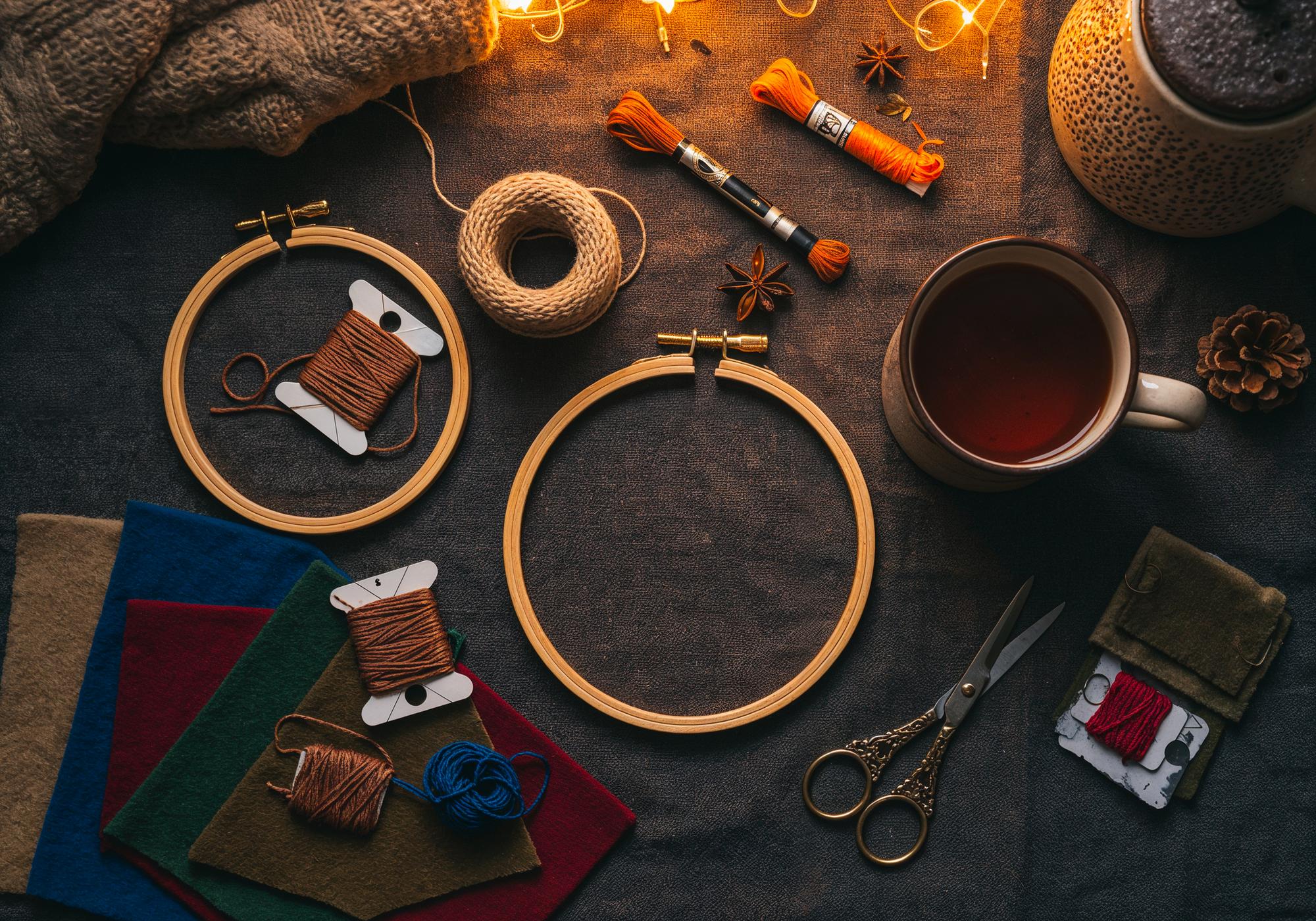 Studio workbench with threads and embroidery hoop
